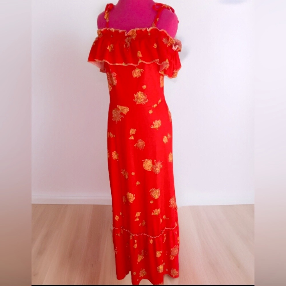 Rare Vintage 70’s Penny Mist of England On/Off Shoulder Floral Red Maxi …
